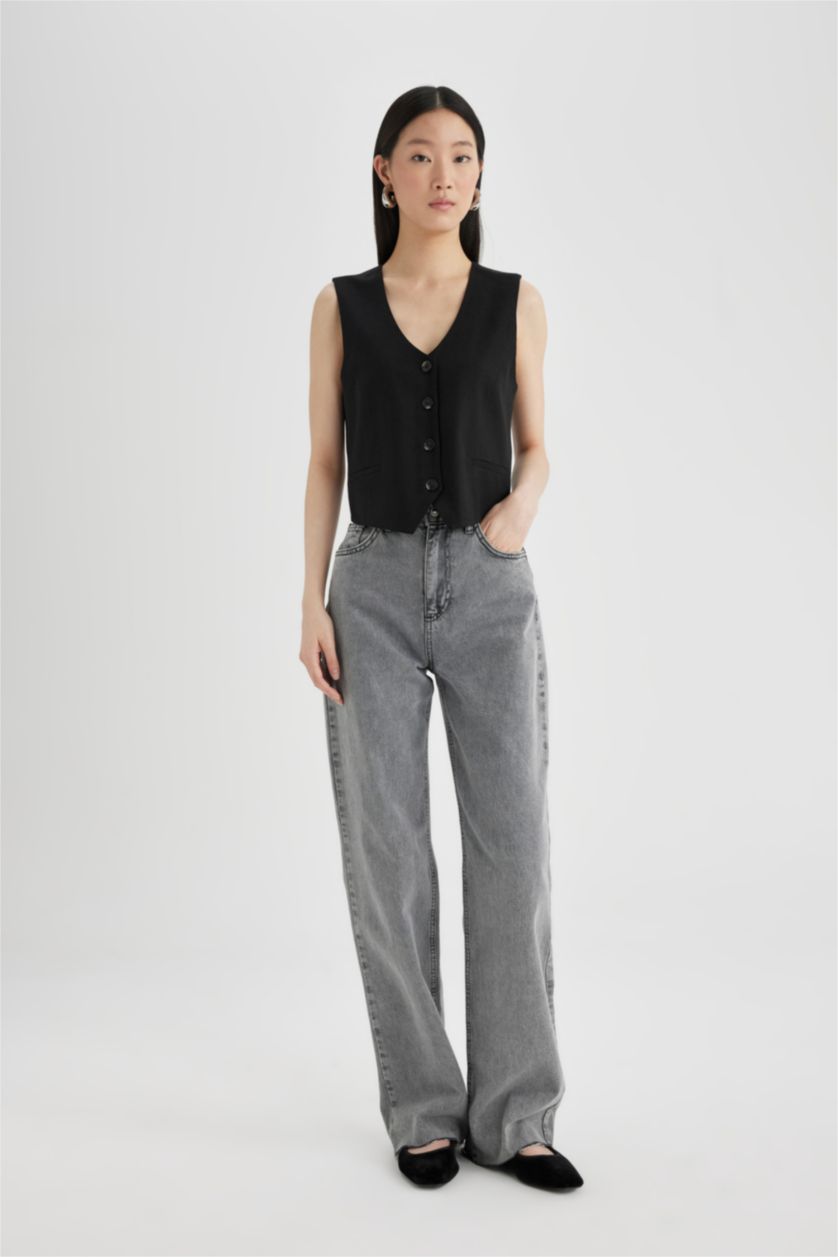 Kadın Siyah V Yaka Keten Karışımlı Yelek