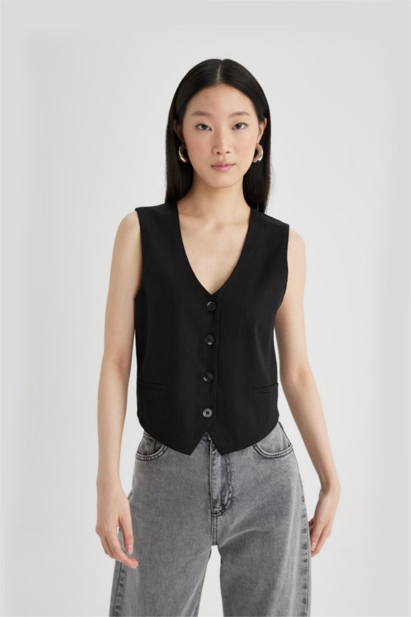 Kadın Siyah V Yaka Keten Karışımlı Yelek