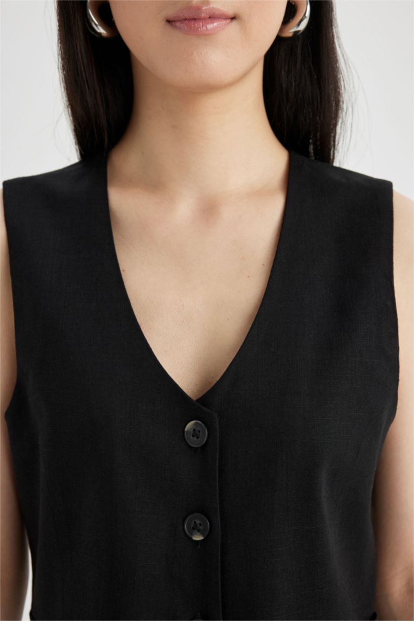 Kadın Siyah V Yaka Keten Karışımlı Yelek