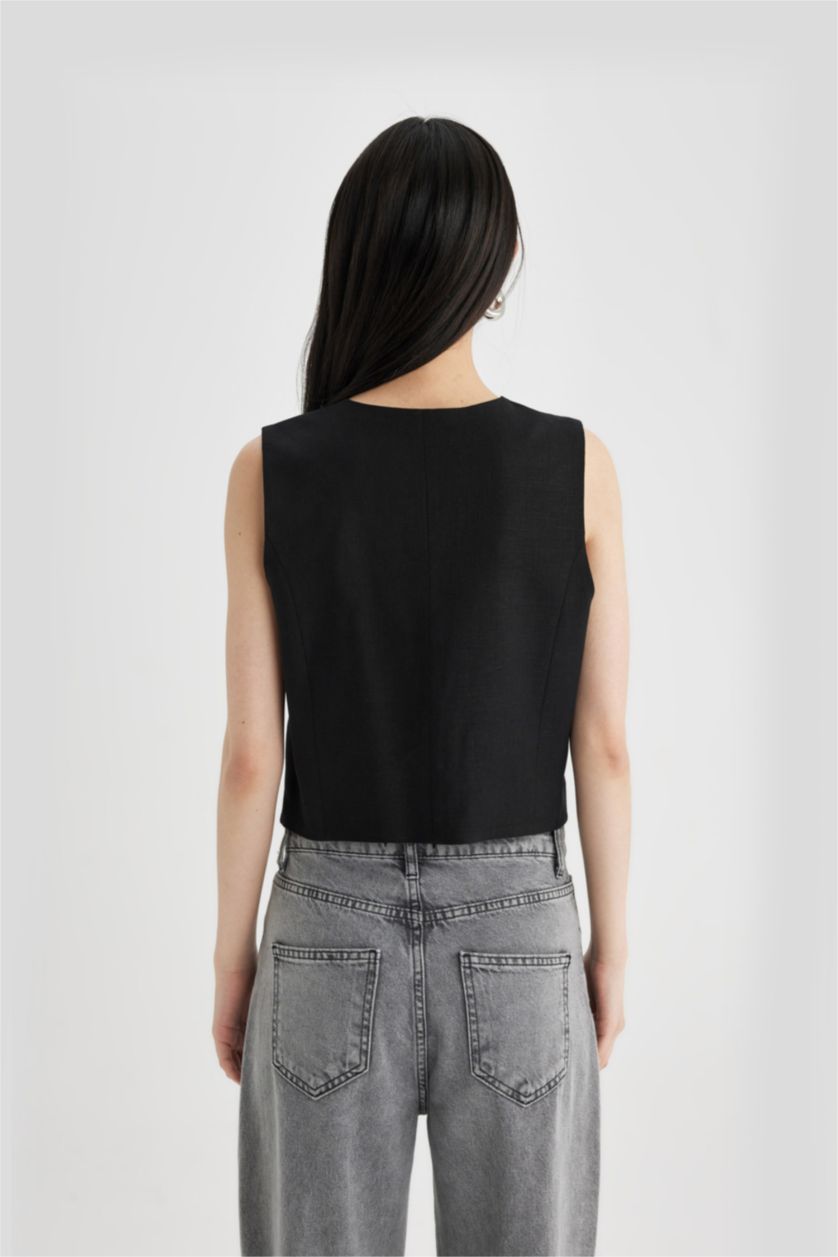 Kadın Siyah V Yaka Keten Karışımlı Yelek