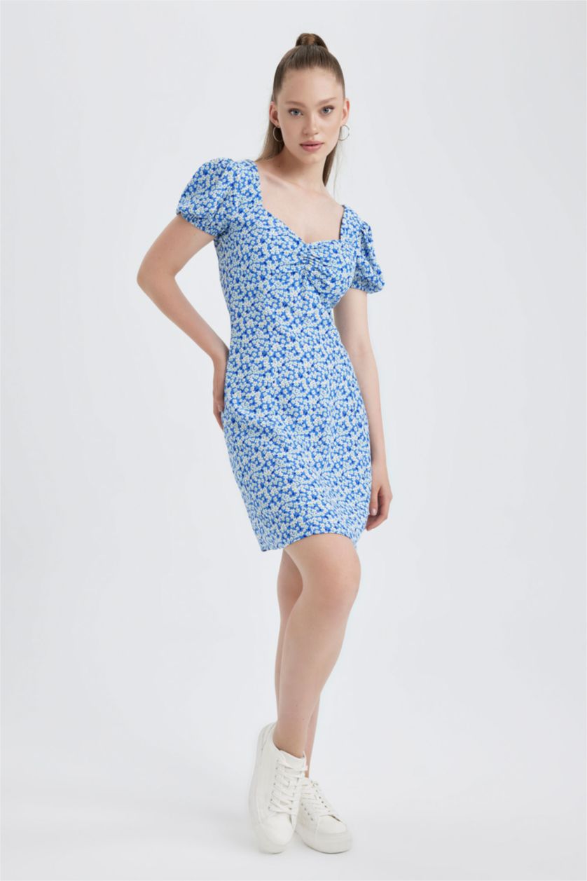 نساء أزرق فستان قصير فلورال بأكمام بالون بياقة قلب