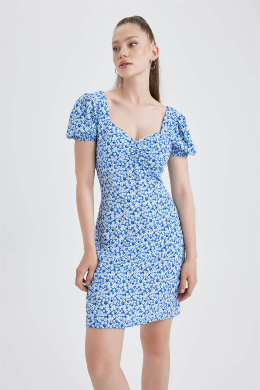 نساء أزرق فستان قصير فلورال بأكمام بالون بياقة قلب