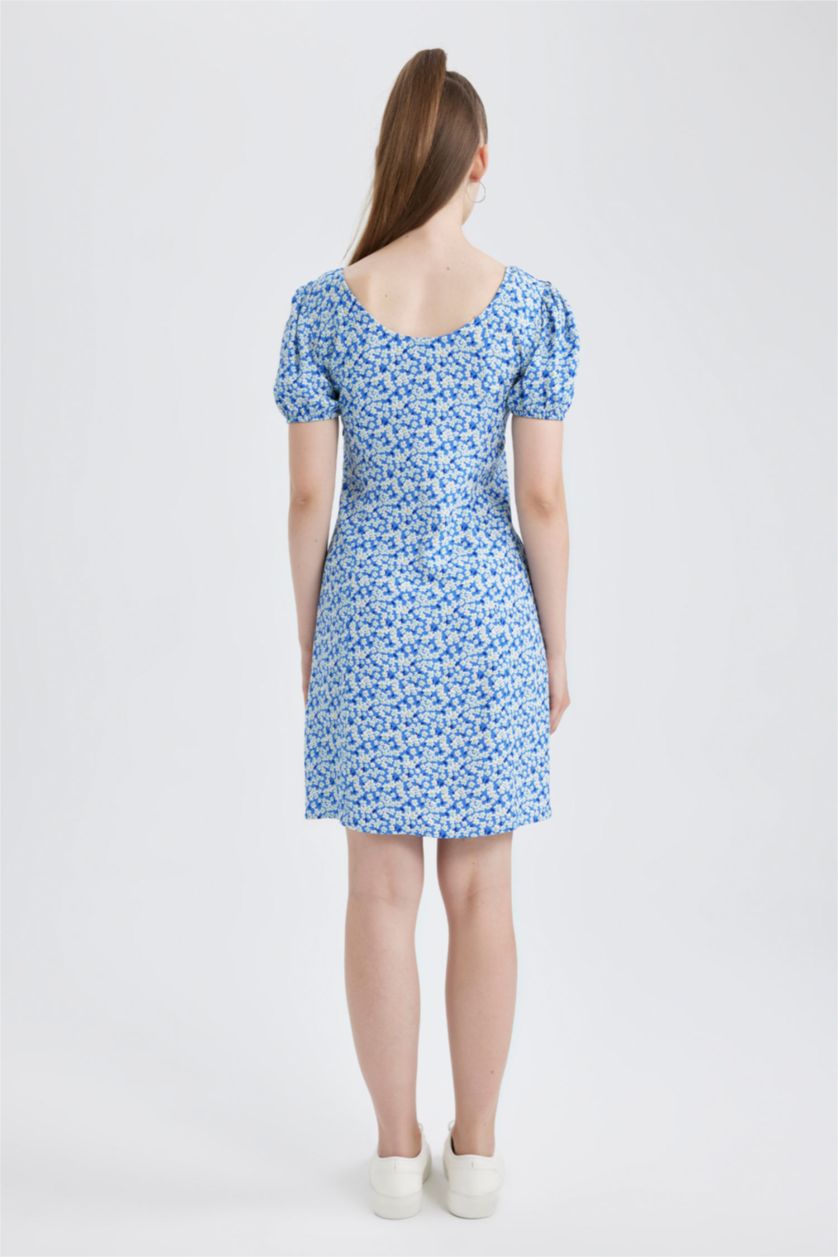 نساء أزرق فستان قصير فلورال بأكمام بالون بياقة قلب