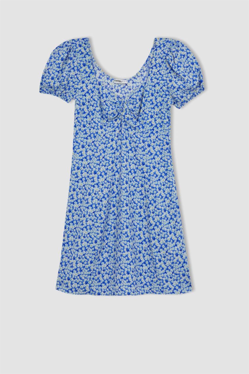 نساء أزرق فستان قصير فلورال بأكمام بالون بياقة قلب