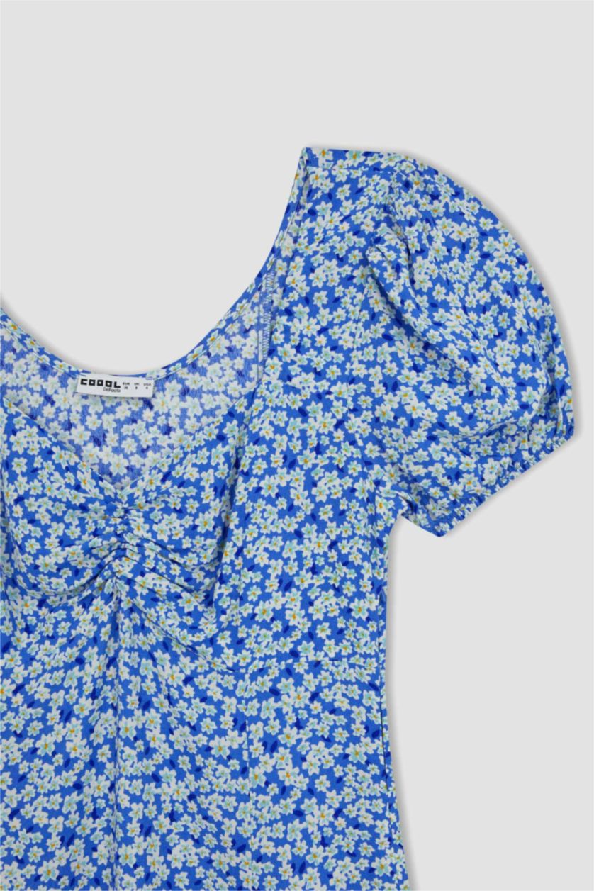 نساء أزرق فستان قصير فلورال بأكمام بالون بياقة قلب