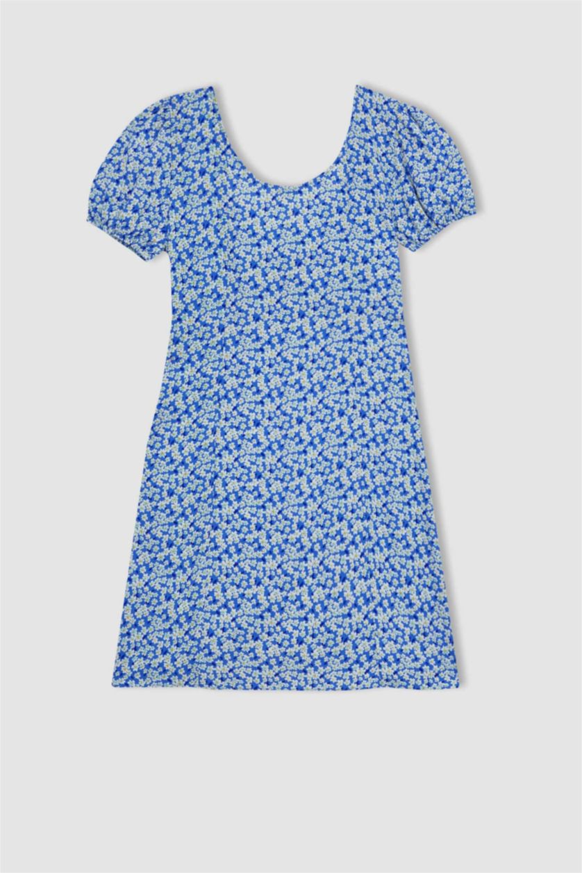 نساء أزرق فستان قصير فلورال بأكمام بالون بياقة قلب