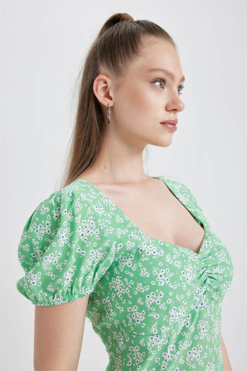 نساء أخضر فستان قصير فلورال ردن بالون بياخة قلب