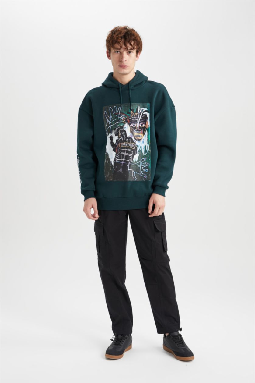 MAN Green Oversize Fit Jean-Michel Basquiat Licensed Printed Long Sleeve Sweatshirt