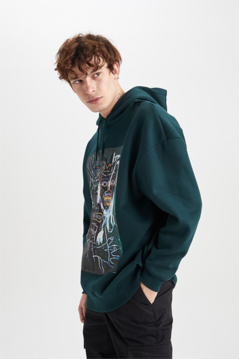 MAN Green Oversize Fit Jean-Michel Basquiat Licensed Printed Long Sleeve Sweatshirt