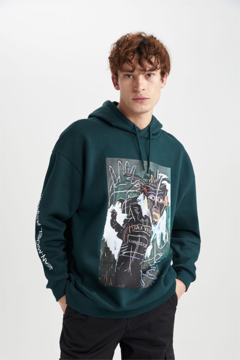 MAN Green Oversize Fit Jean-Michel Basquiat Licensed Printed Long Sleeve Sweatshirt