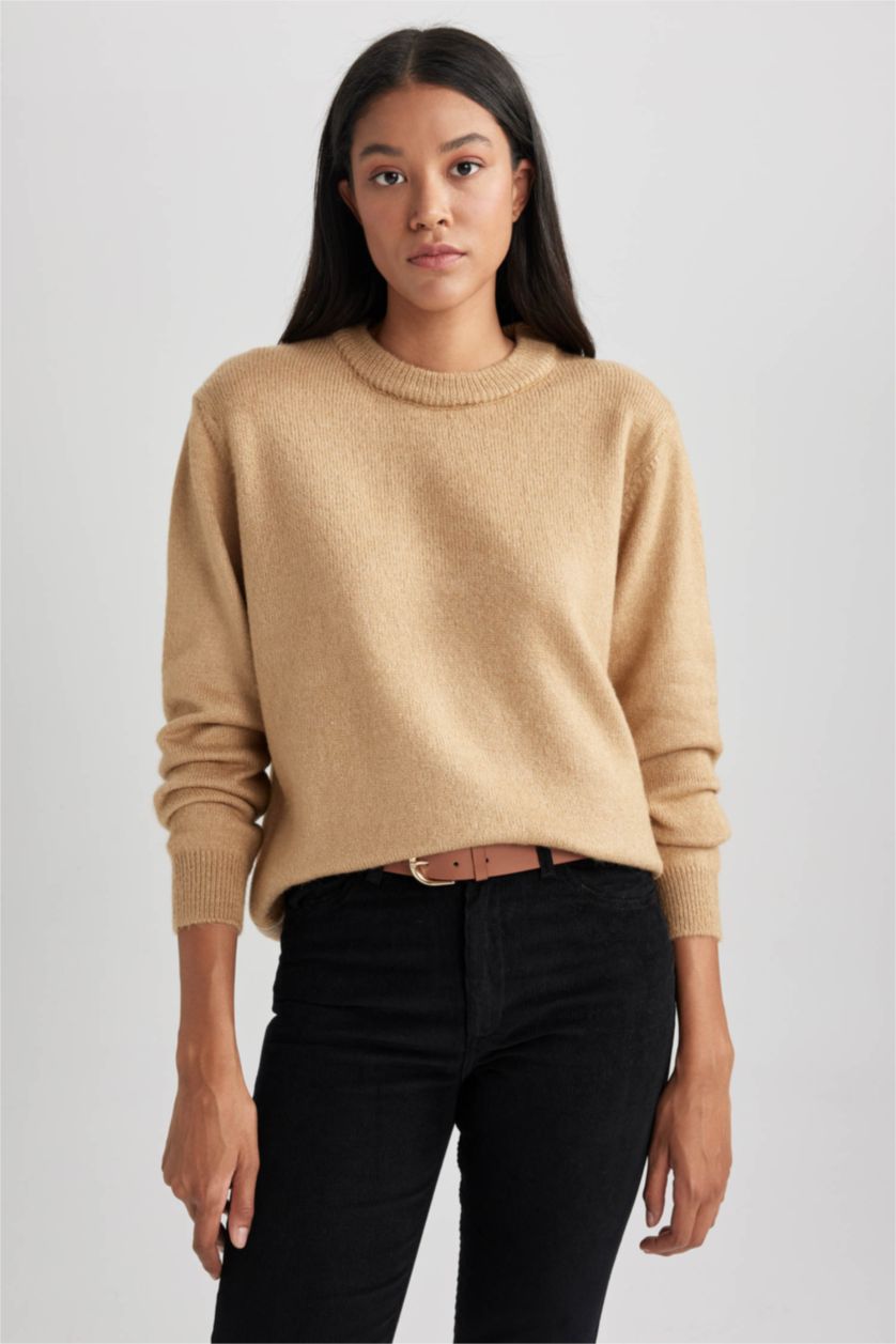 FEMME Beige Pull-Over Coupe Régulière Col Rond