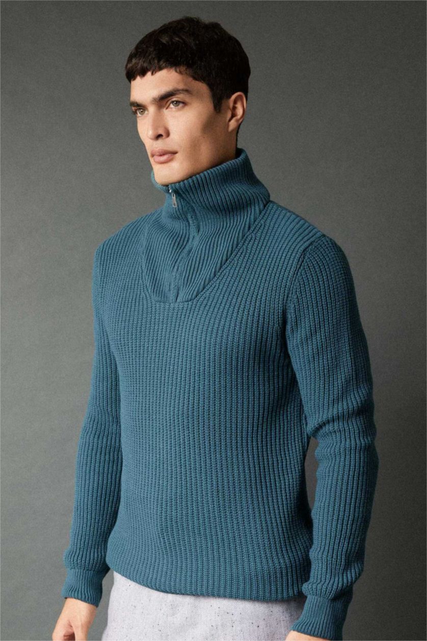 Erkek Yeşil Standart Fit Dik Yaka Yarım Fermuarlı Selanik Kumaş Triko Kazak