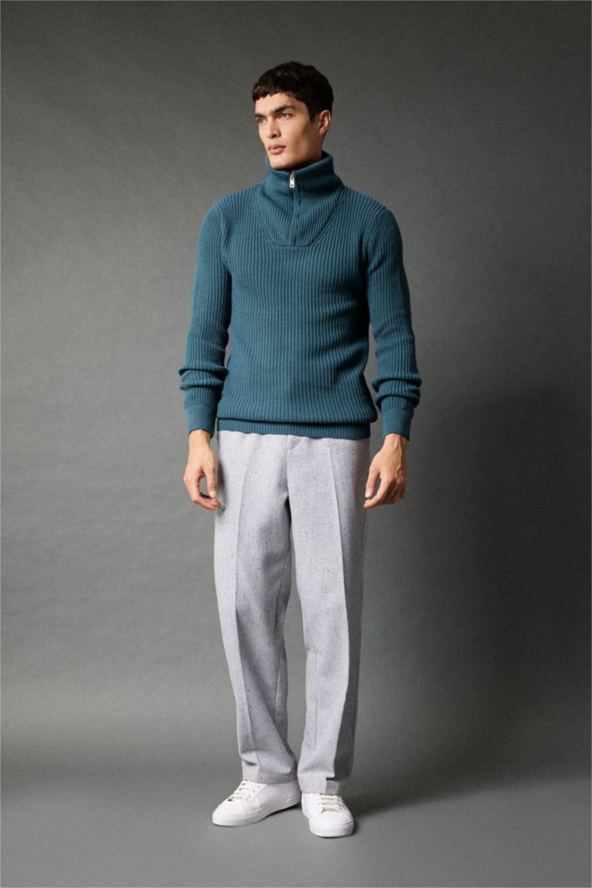 Erkek Yeşil Standart Fit Dik Yaka Yarım Fermuarlı Selanik Kumaş Triko Kazak