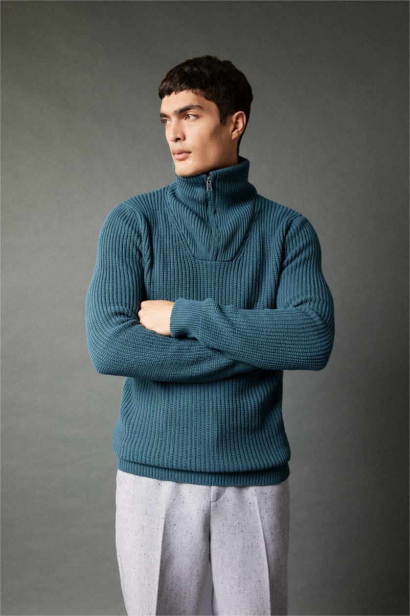 Erkek Yeşil Standart Fit Dik Yaka Yarım Fermuarlı Selanik Kumaş Triko Kazak