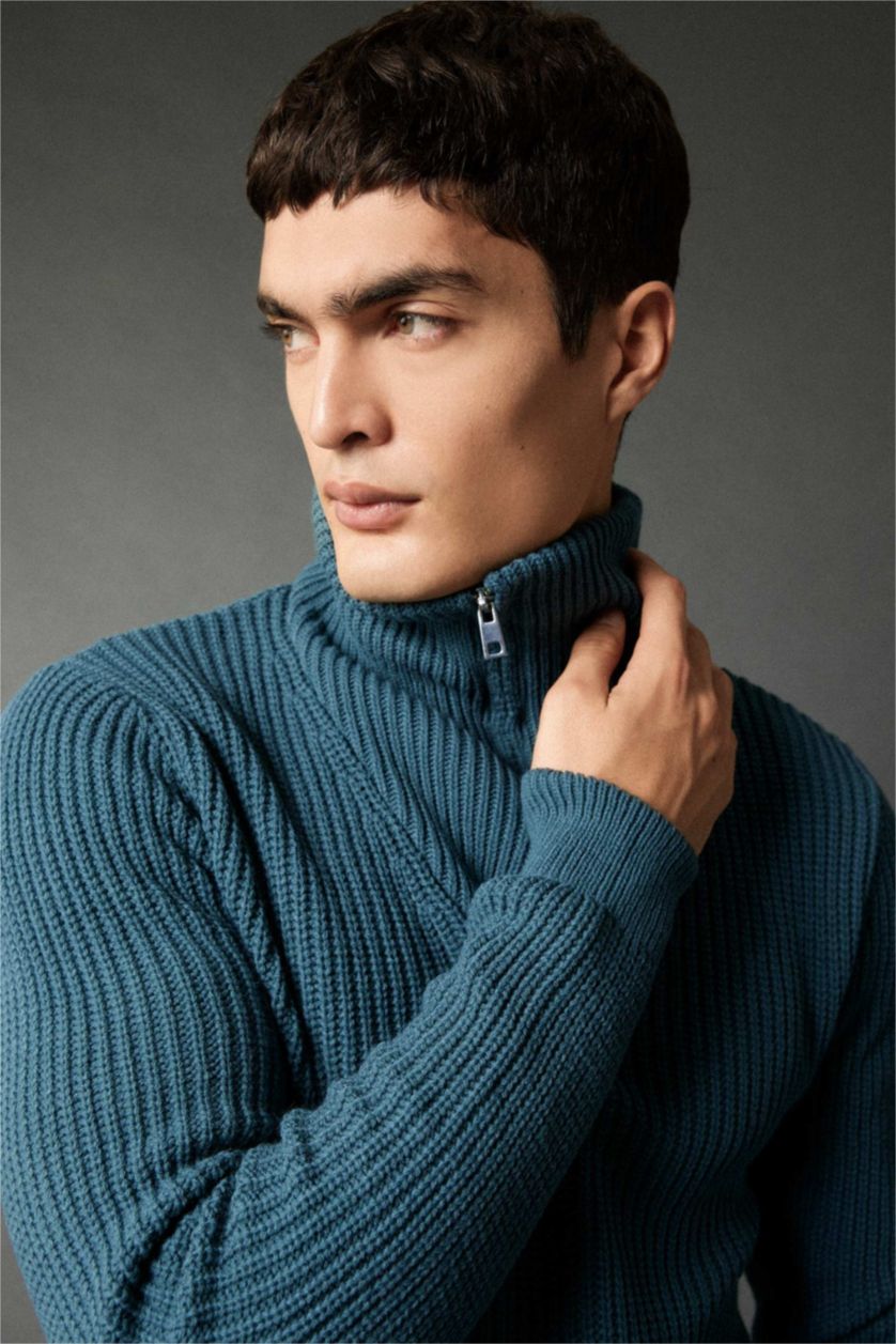 Erkek Yeşil Standart Fit Dik Yaka Yarım Fermuarlı Selanik Kumaş Triko Kazak