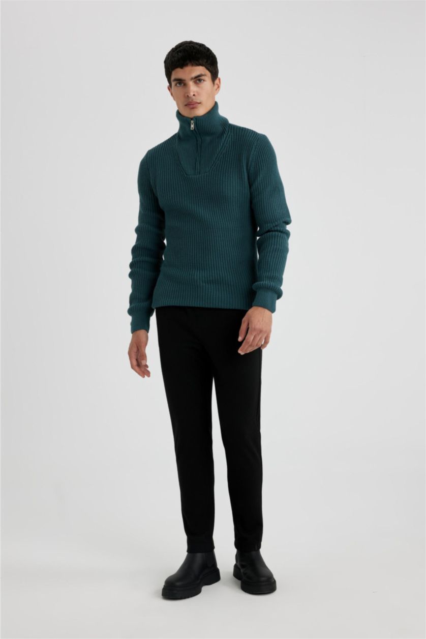 Erkek Yeşil Standart Fit Dik Yaka Yarım Fermuarlı Selanik Kumaş Triko Kazak