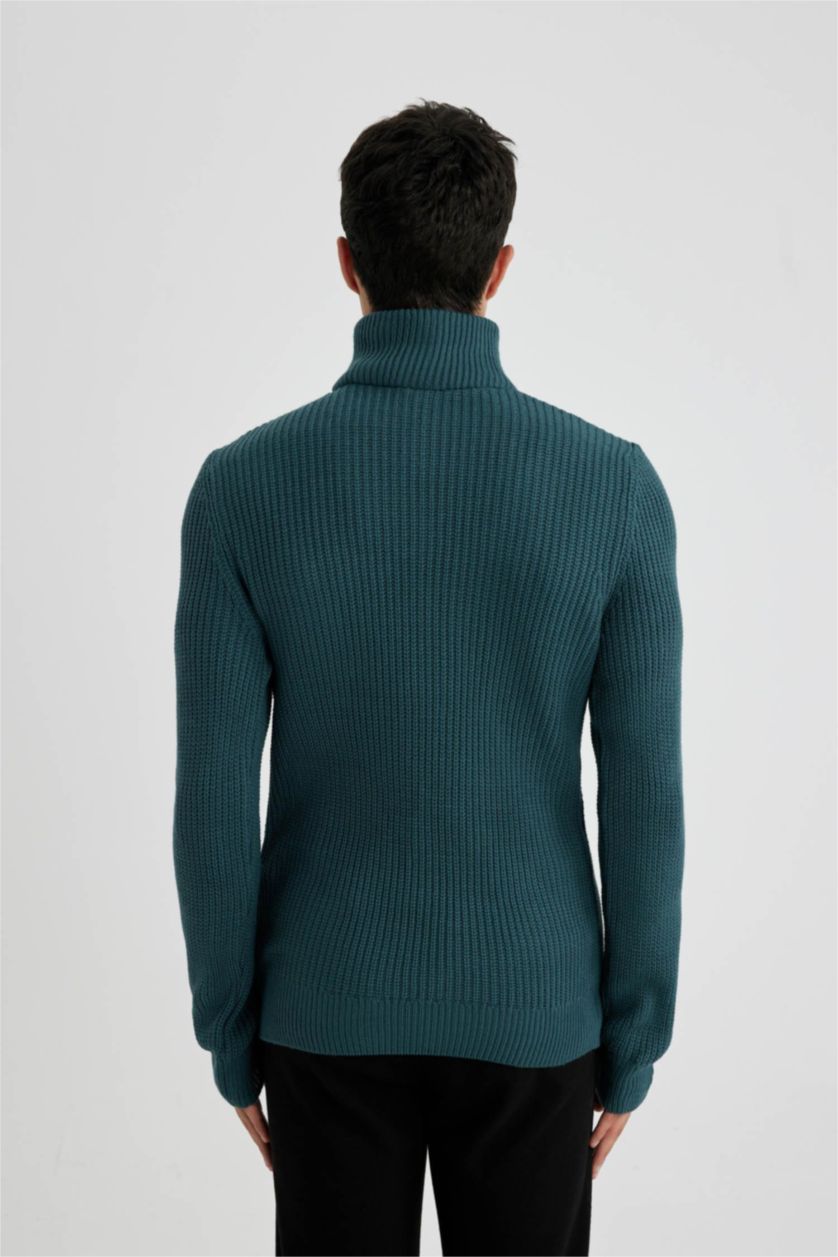 Erkek Yeşil Standart Fit Dik Yaka Yarım Fermuarlı Selanik Kumaş Triko Kazak