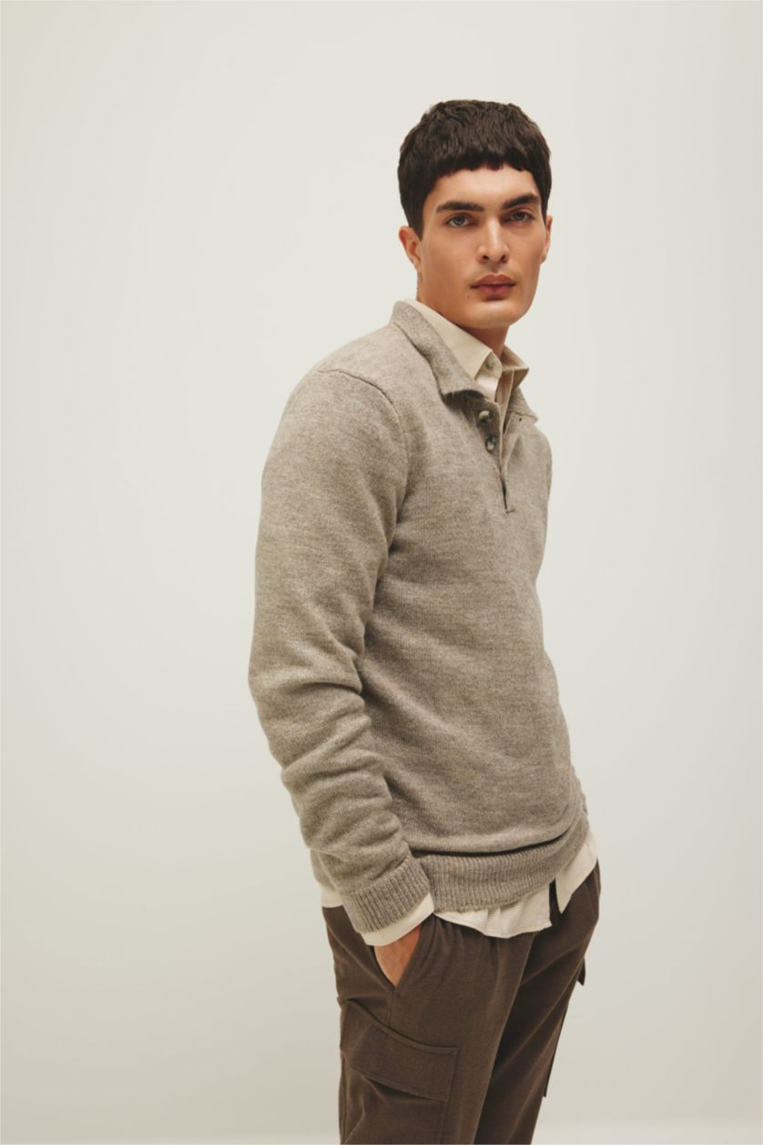 MAN Grey Melange Standard Fit Polo Collar Buttoned Knitted Pullover