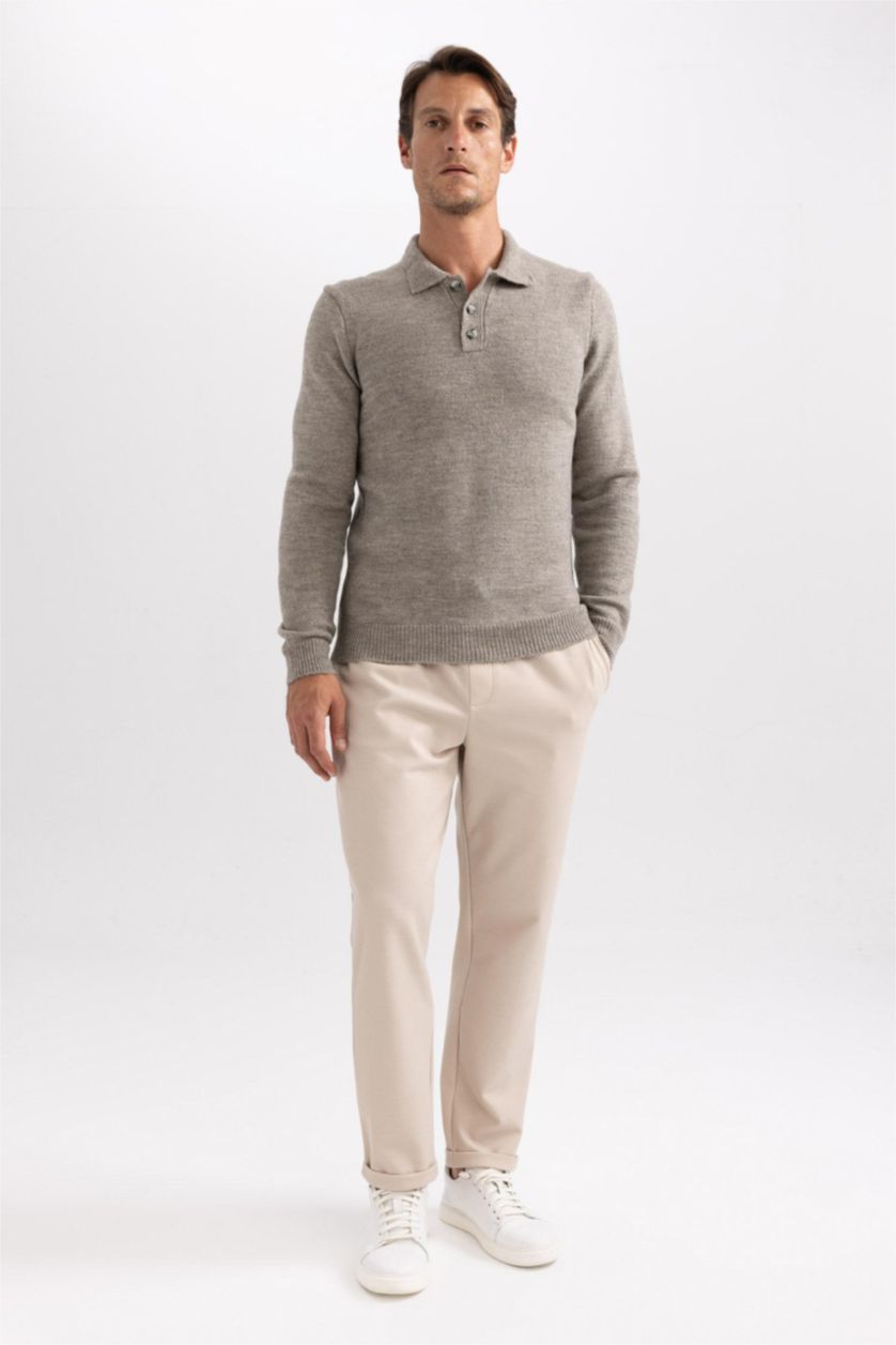 MAN Grey Melange Standard Fit Polo Collar Buttoned Knitted Pullover