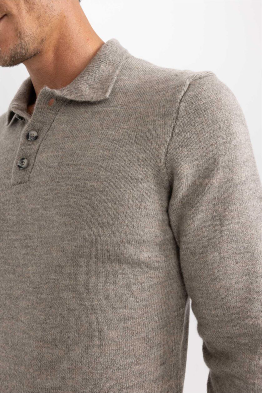 MAN Grey Melange Standard Fit Polo Collar Buttoned Knitted Pullover