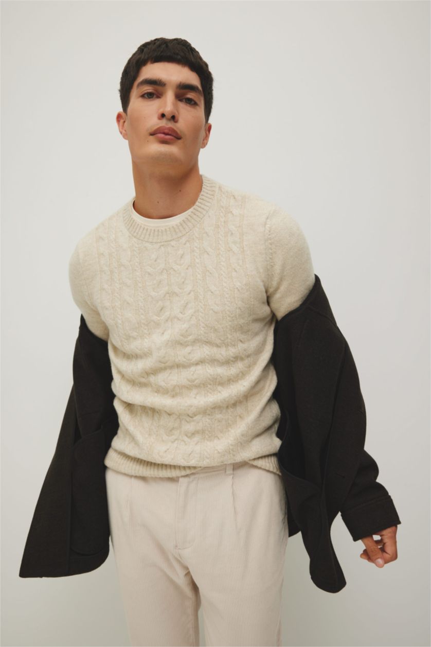 Чоловічий Бежевий меланж Пуловер стандартного крою з круглим вирізом трикотажний для чоловіків