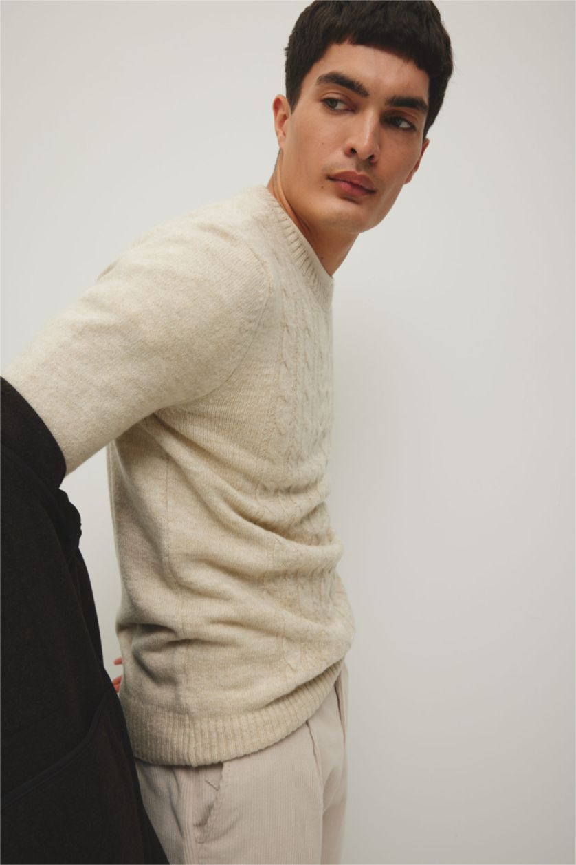 Чоловічий Бежевий меланж Пуловер стандартного крою з круглим вирізом трикотажний для чоловіків