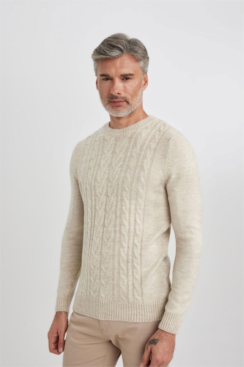 Чоловічий Бежевий меланж Пуловер стандартного крою з круглим вирізом трикотажний для чоловіків