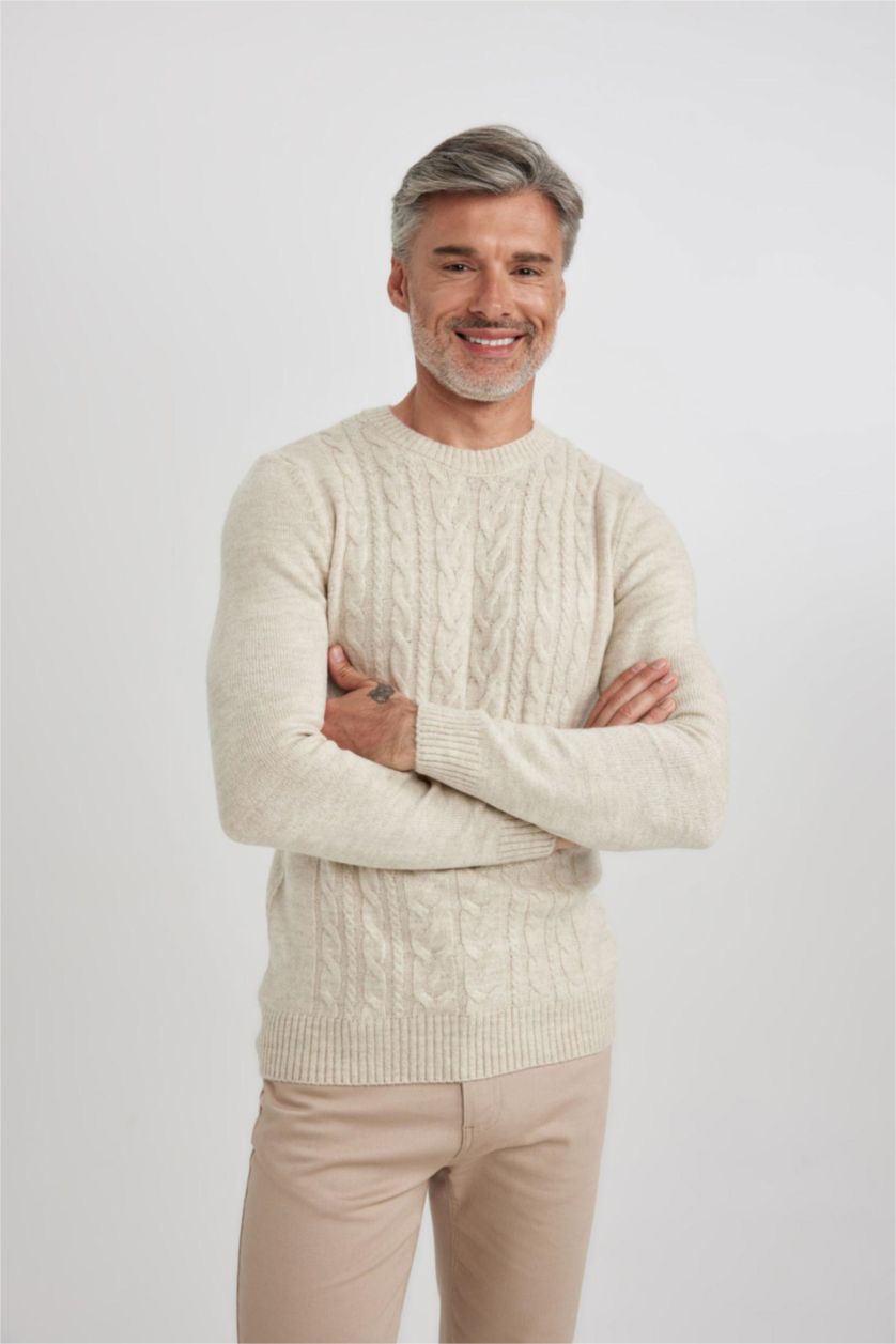 Чоловічий Бежевий меланж Пуловер стандартного крою з круглим вирізом трикотажний для чоловіків