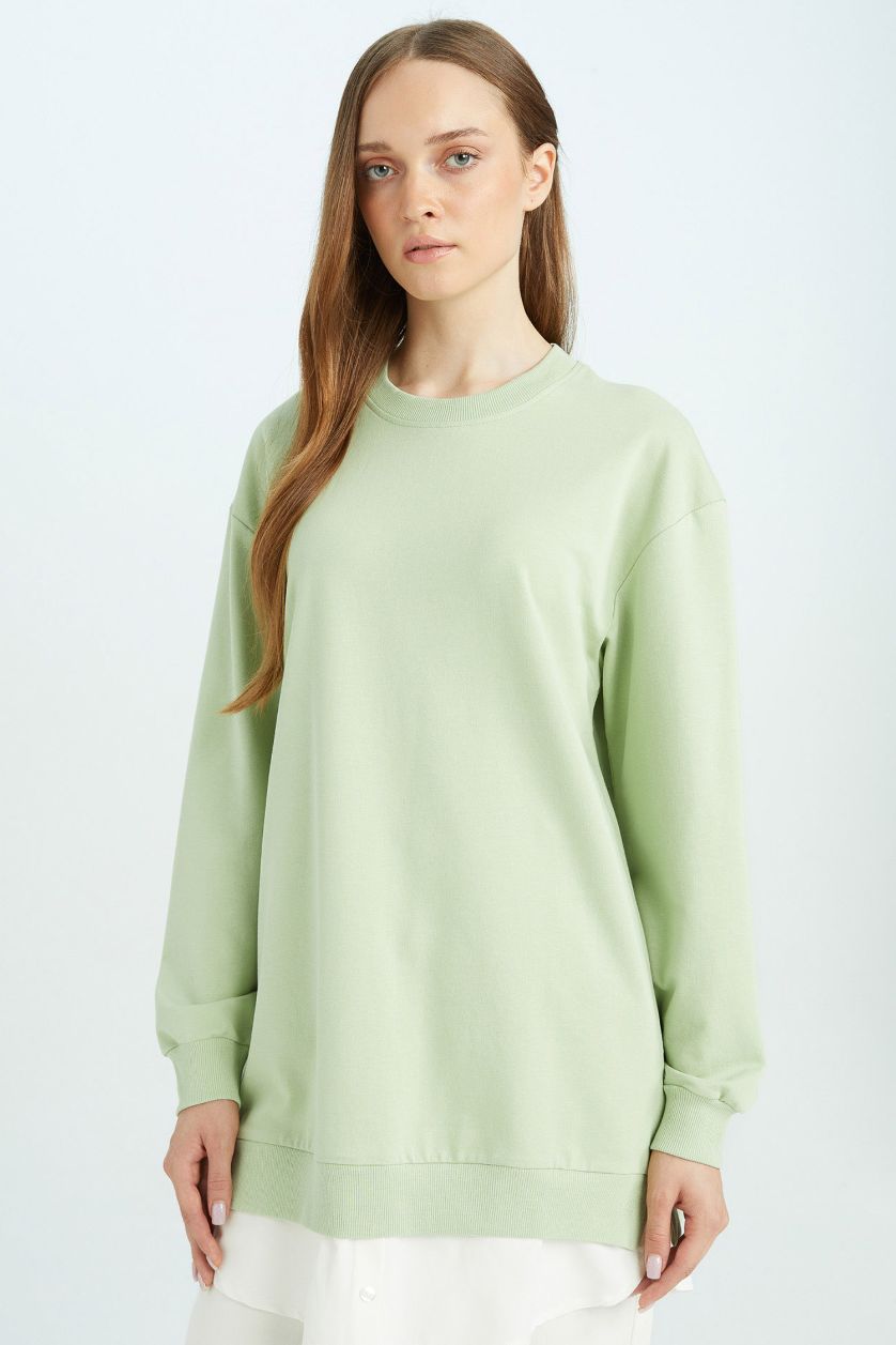 Kadın Mint Regular Fit Bisiklet Yaka Basic Düz Sweatshirt Tunik