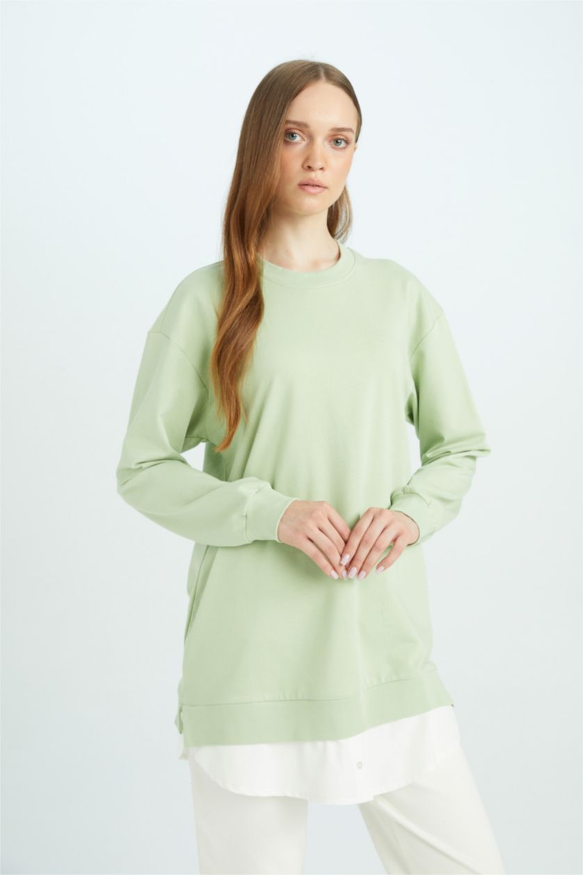 Kadın Mint Regular Fit Bisiklet Yaka Basic Düz Sweatshirt Tunik
