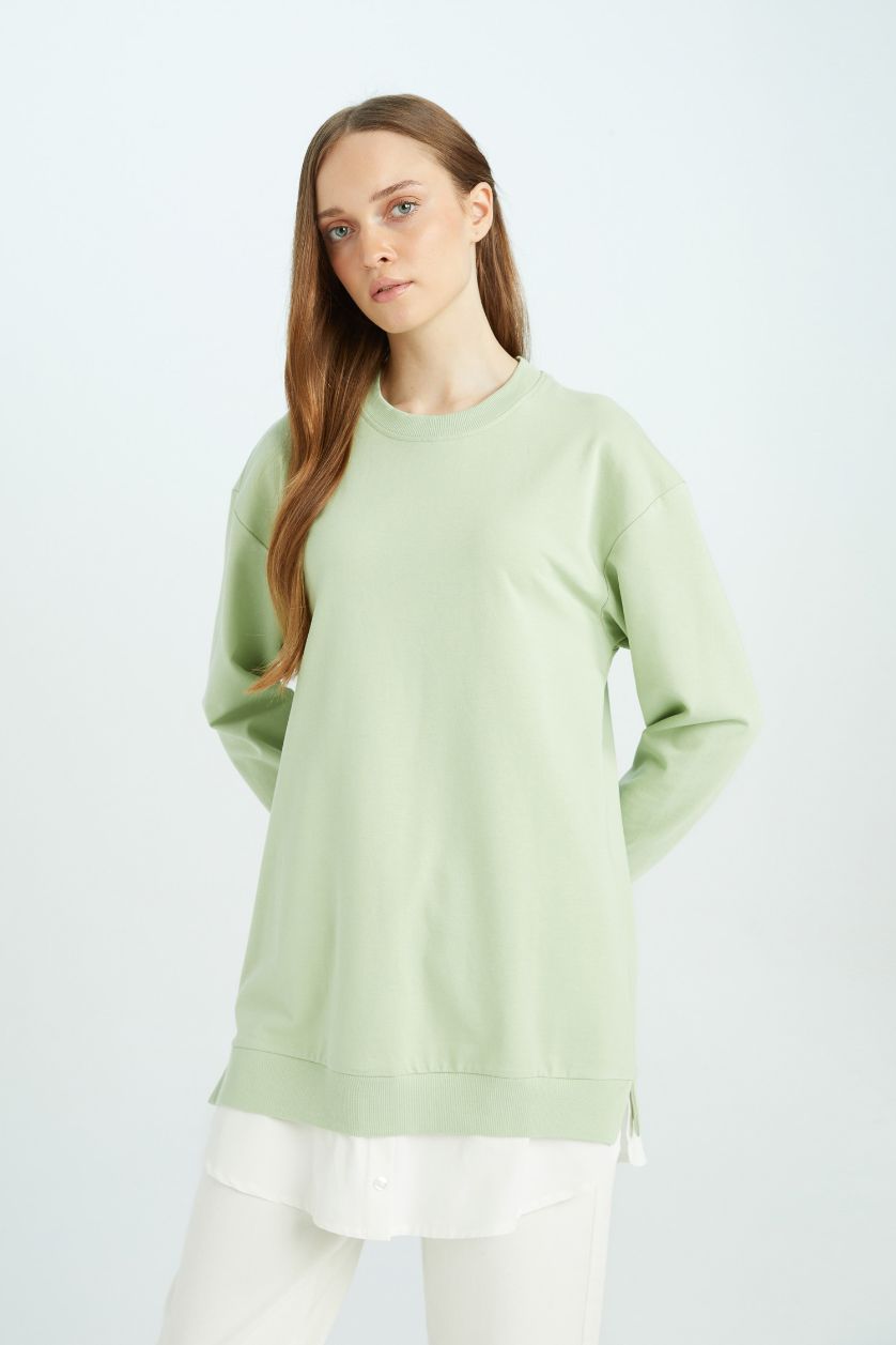 Kadın Mint Regular Fit Bisiklet Yaka Basic Düz Sweatshirt Tunik