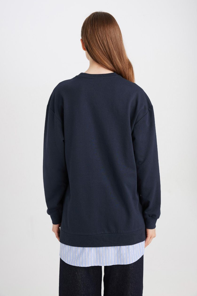 Kadın Lacivert Regular Fit Bisiklet Yaka Basic Düz  Sweatshirt Tunik