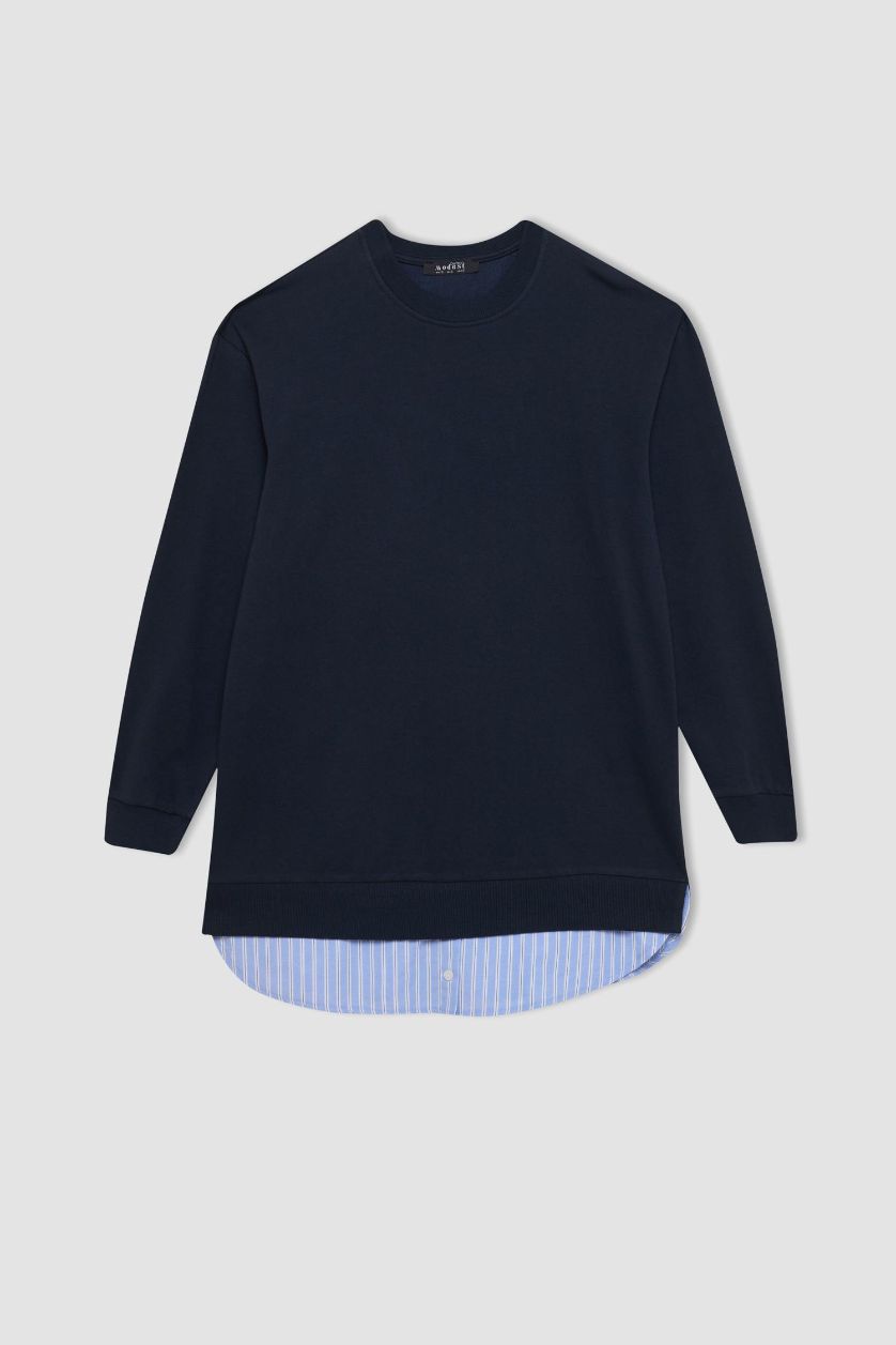 Kadın Lacivert Regular Fit Bisiklet Yaka Basic Düz  Sweatshirt Tunik