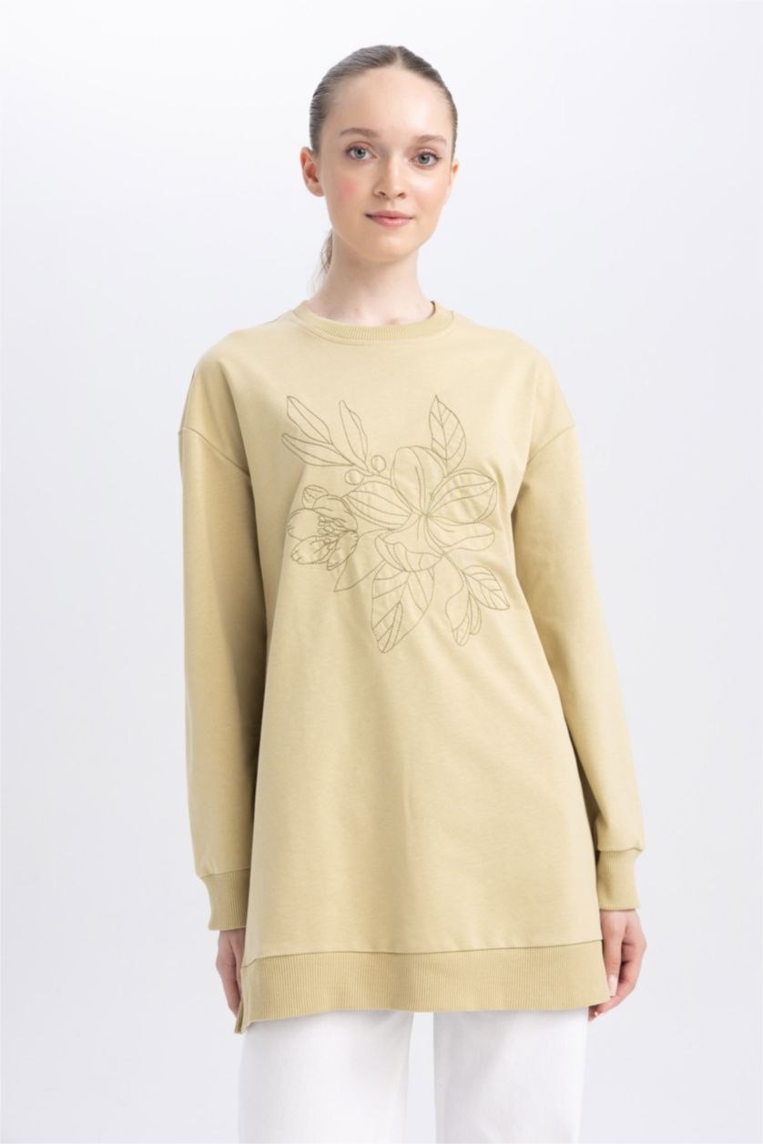 WOMAN Beige Regular Fit Thin Sweatshirt Fabric Crew Neck Embroidered Sweat Tunic