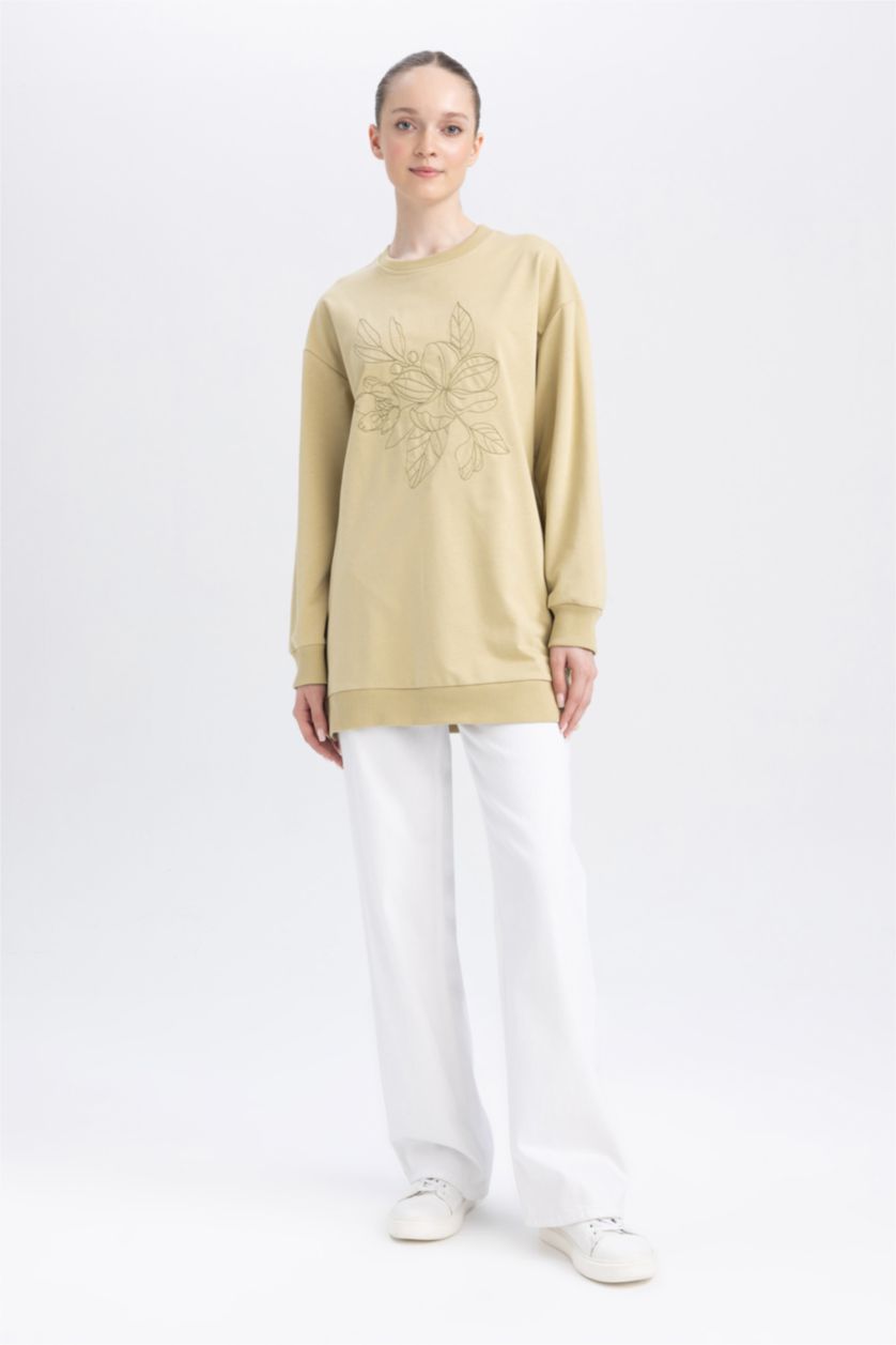 WOMAN Beige Regular Fit Thin Sweatshirt Fabric Crew Neck Embroidered Sweat Tunic