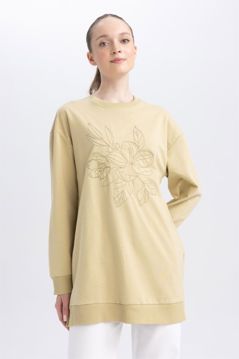 WOMAN Beige Regular Fit Thin Sweatshirt Fabric Crew Neck Embroidered Sweat Tunic