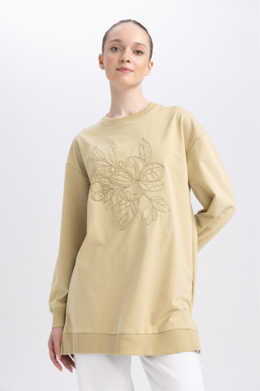 WOMAN Beige Regular Fit Thin Sweatshirt Fabric Crew Neck Embroidered Sweat Tunic