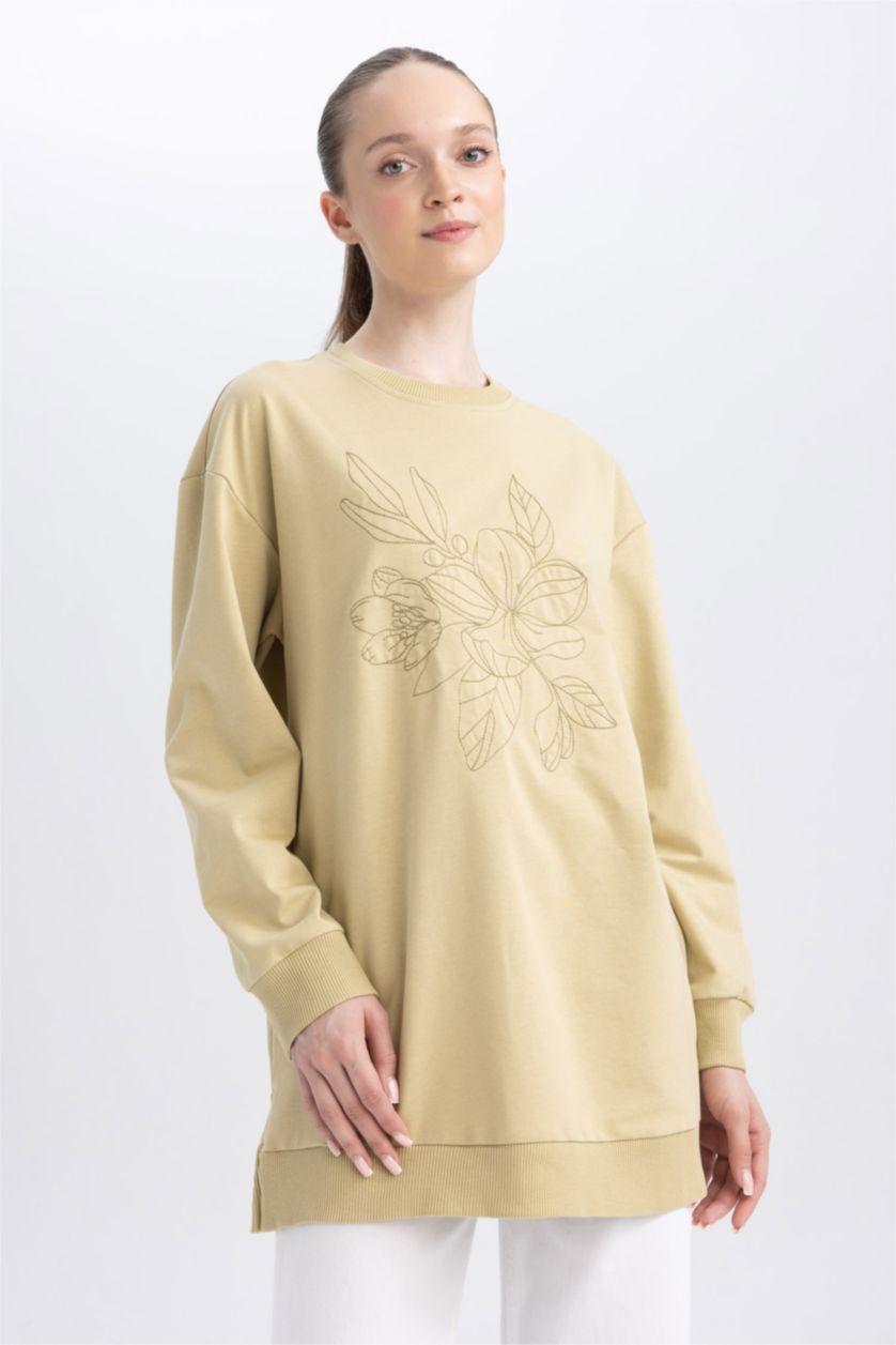 WOMAN Beige Regular Fit Thin Sweatshirt Fabric Crew Neck Embroidered Sweat Tunic