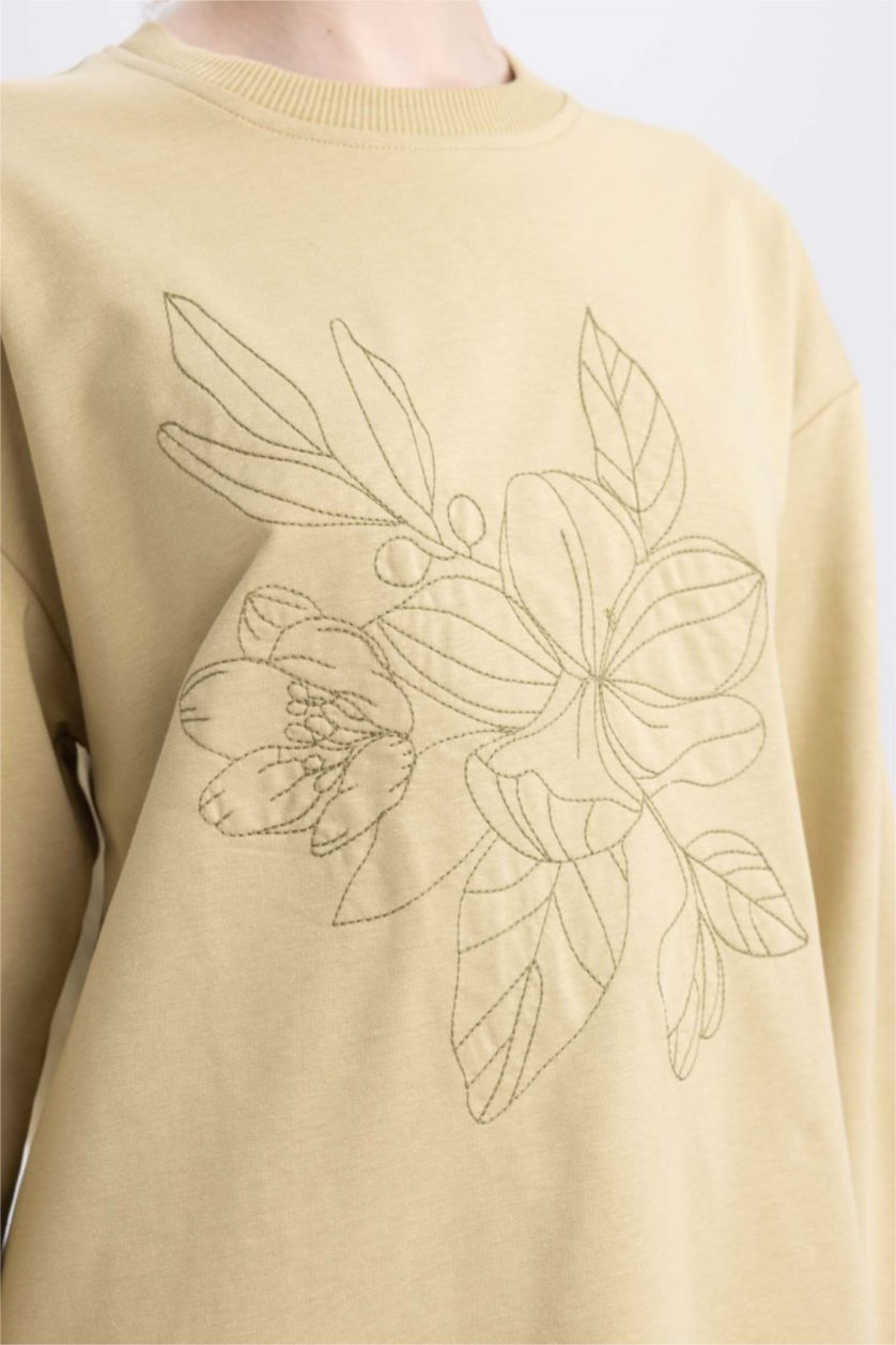 WOMAN Beige Regular Fit Thin Sweatshirt Fabric Crew Neck Embroidered Sweat Tunic