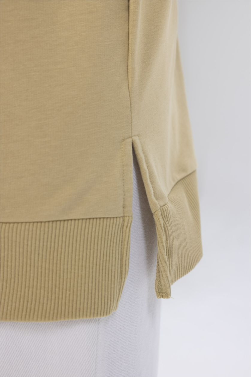 WOMAN Beige Regular Fit Thin Sweatshirt Fabric Crew Neck Embroidered Sweat Tunic