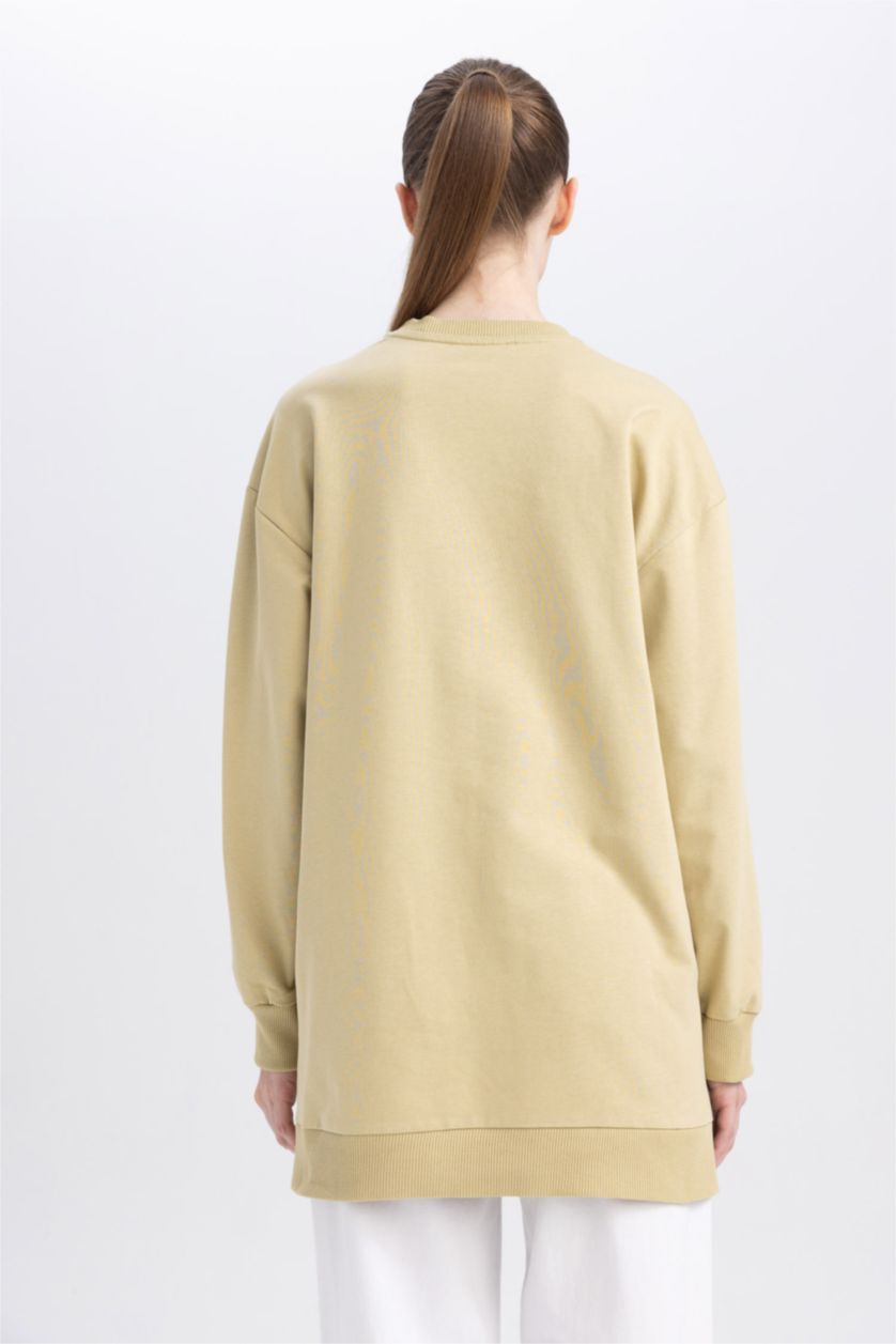 WOMAN Beige Regular Fit Thin Sweatshirt Fabric Crew Neck Embroidered Sweat Tunic