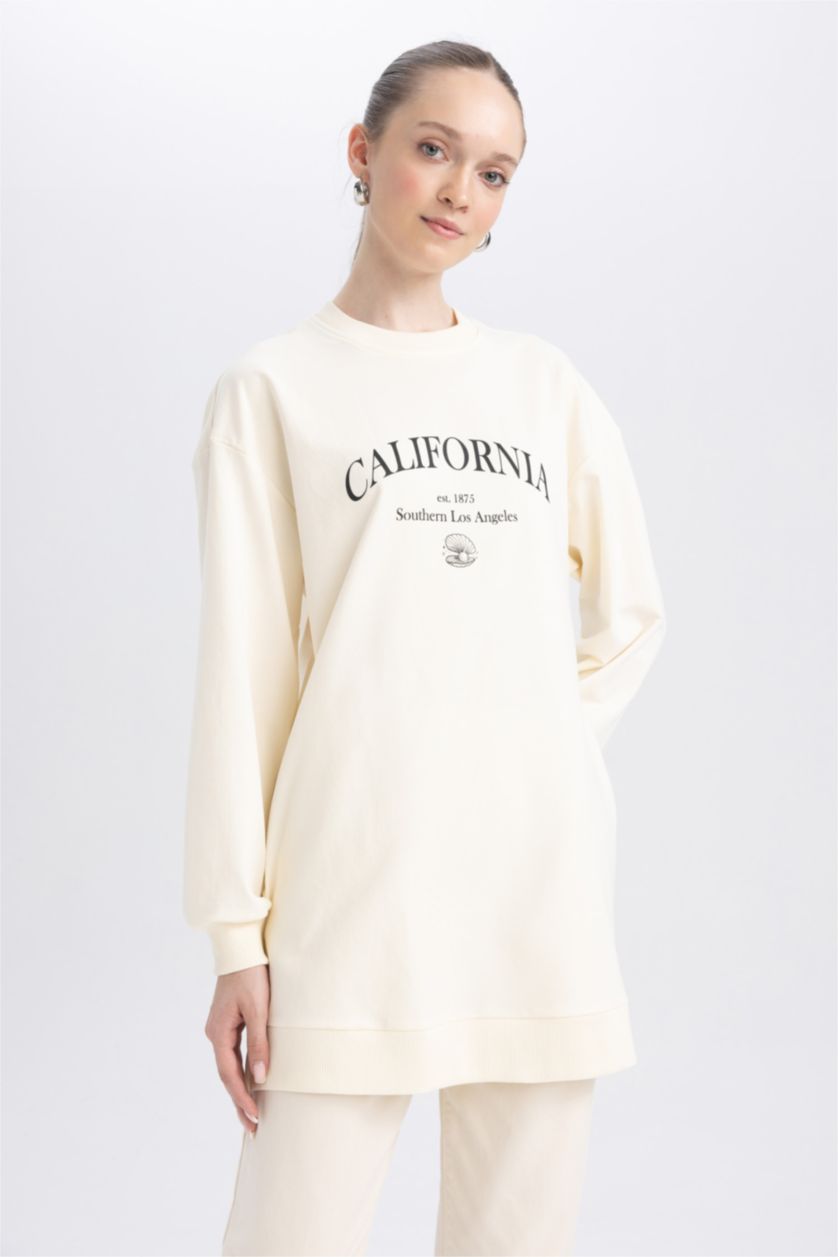 Kadın Kum Regular Fit Bisiklet Yaka Baskılı Sweatshirt Tunik