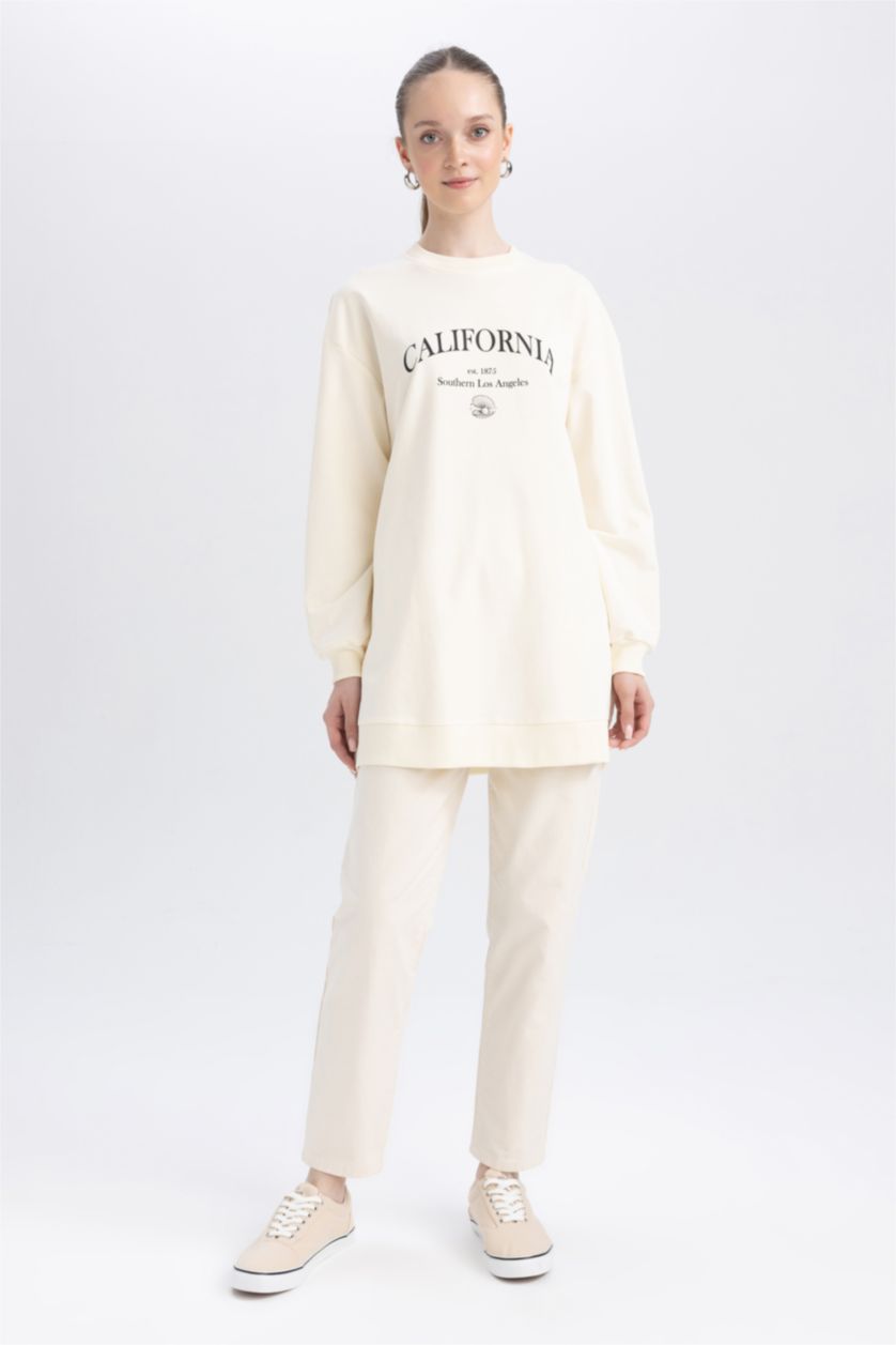 Kadın Kum Regular Fit Bisiklet Yaka Baskılı Sweatshirt Tunik