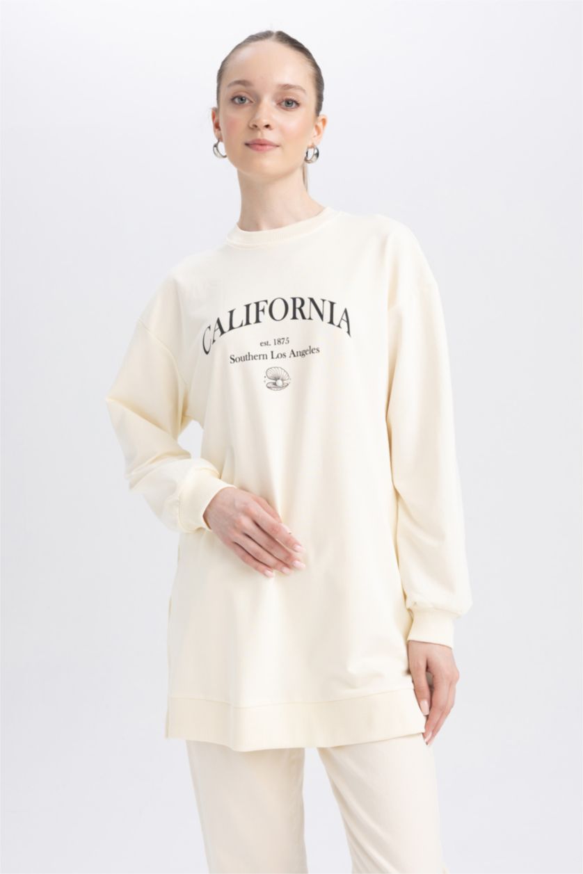 Kadın Kum Regular Fit Bisiklet Yaka Baskılı Sweatshirt Tunik