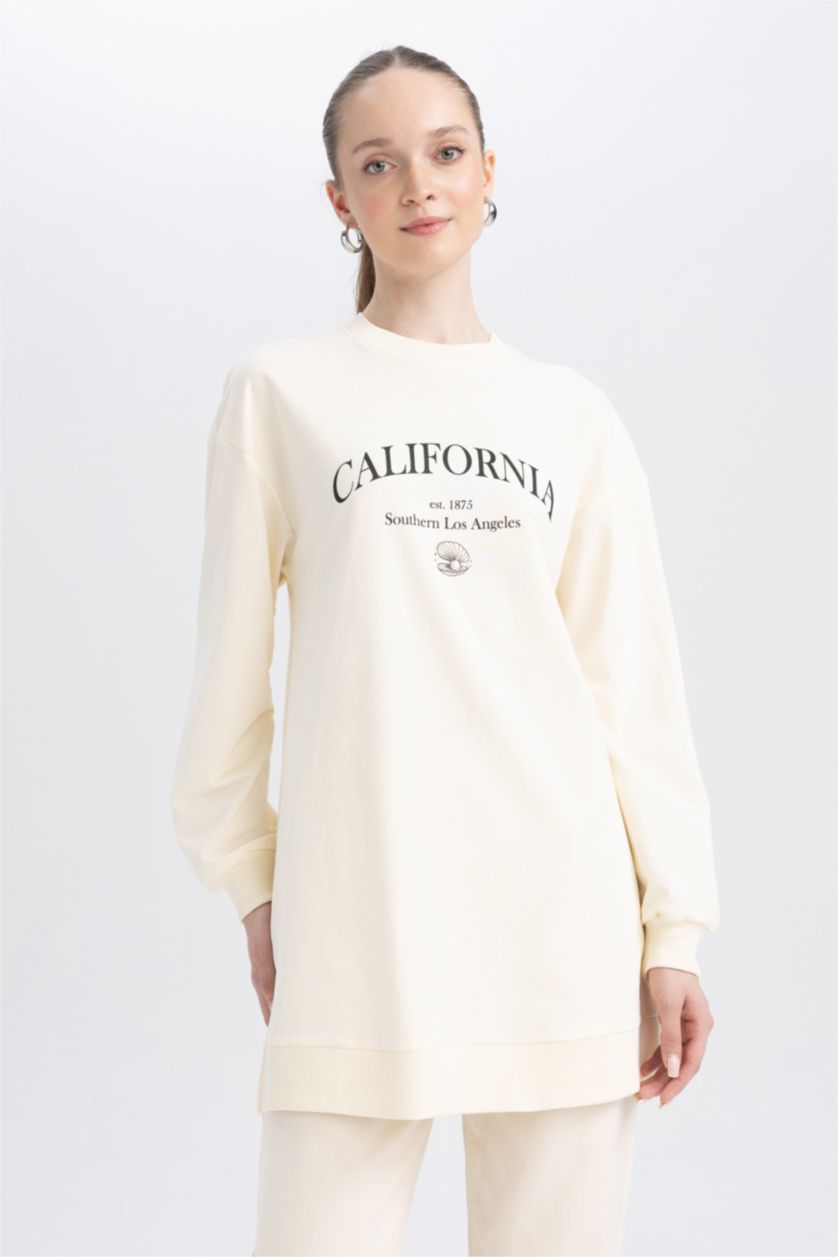 Kadın Kum Regular Fit Bisiklet Yaka Baskılı Sweatshirt Tunik