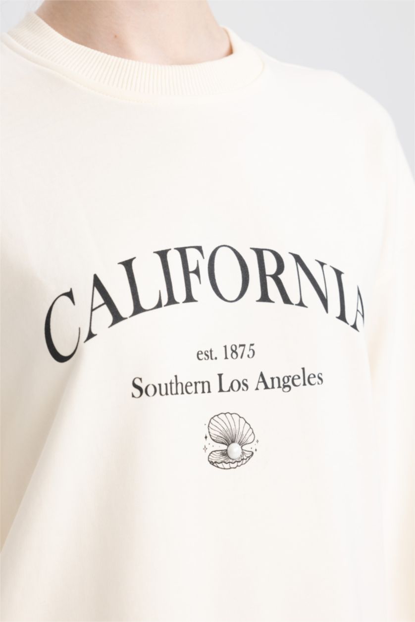 Kadın Kum Regular Fit Bisiklet Yaka Baskılı Sweatshirt Tunik