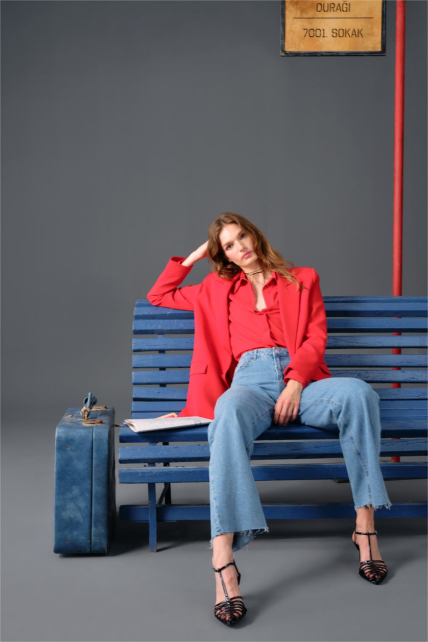 Woman Red Slim Fit Crepe Long Sleeve Shirt