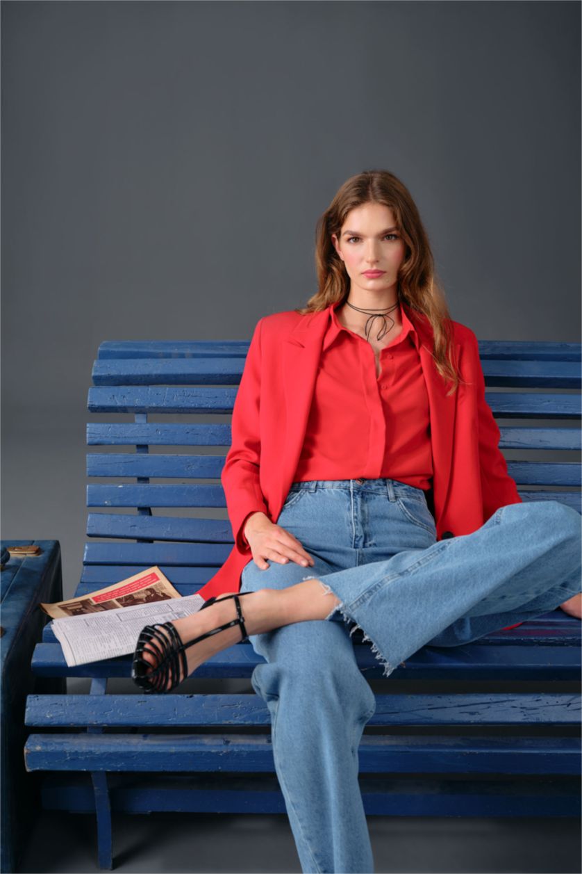 Woman Red Slim Fit Crepe Long Sleeve Shirt