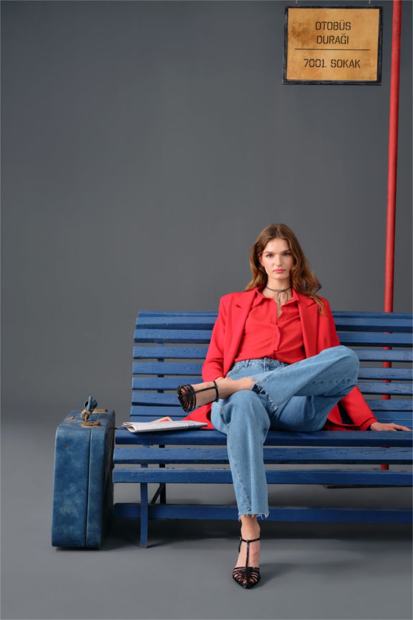 Woman Red Slim Fit Crepe Long Sleeve Shirt