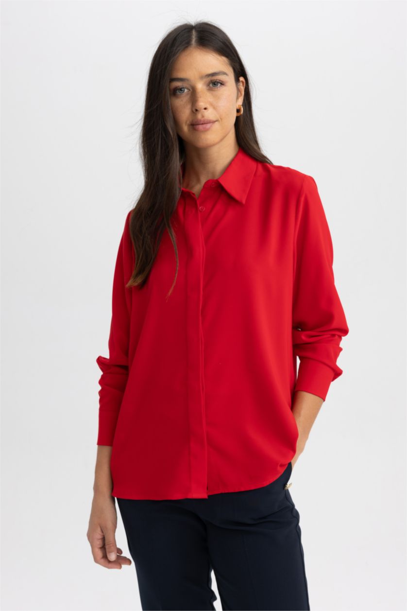 Woman Red Slim Fit Crepe Long Sleeve Shirt
